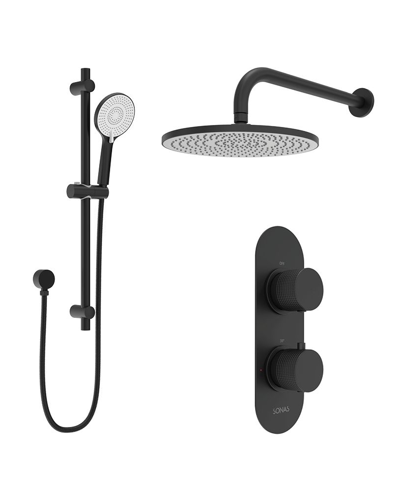 ALITA Knurled Shower Set 1 & Wall Mounted Fixed Head Matt Black ALITA Knurled Shower Set 1 & Wall Mounted Fixed Head Matt Black - Image 1