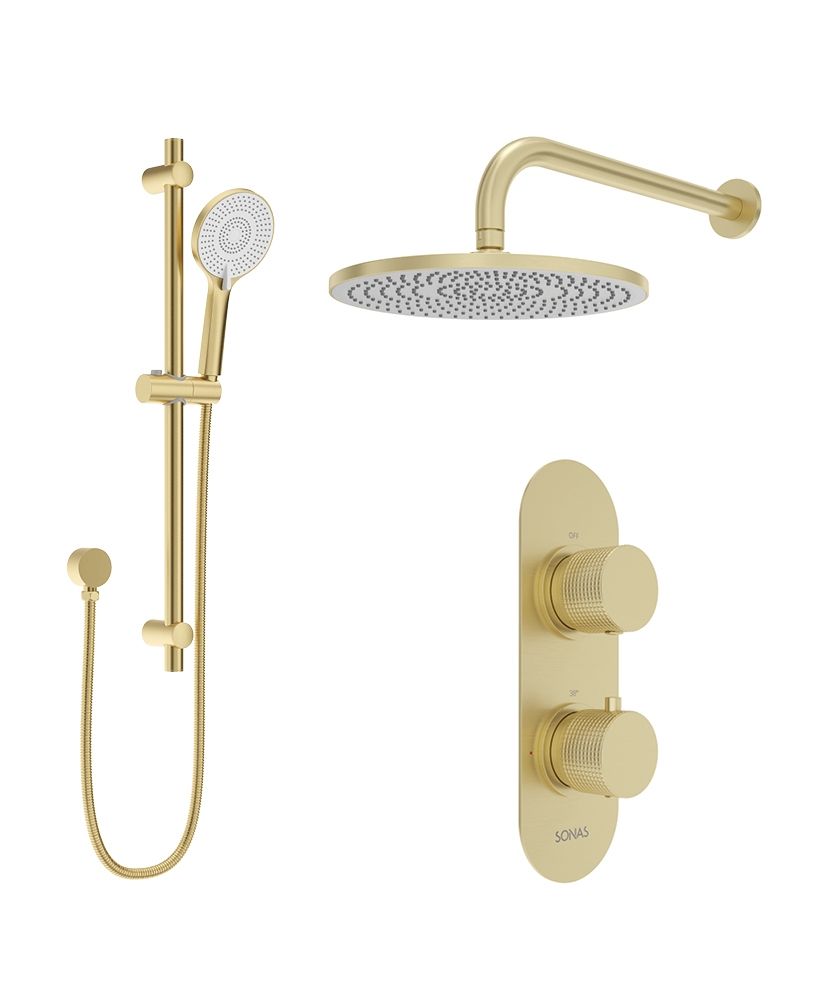 ALITA Knurled Shower Set 1 & Wall Mounted Fixed Head Brushed Gold ALITA Knurled Shower Set 1 & Wall Mounted Fixed Head Brushed Gold - Image 1