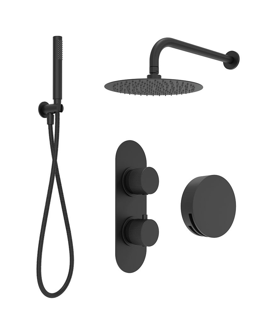 ALITA Knurled Bath Set 3 & Wall Mounted Fixed Head Matt Black ALITA Knurled Bath Set 3 & Wall Mounted Fixed Head Matt Black - Image 1