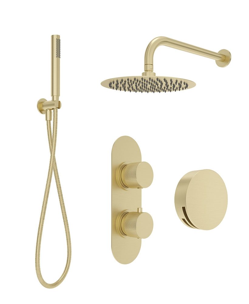 ALITA Knurled Bath Set 3 & Wall Mounted Fixed Head Brushed Gold ALITA Knurled Bath Set 3 & Wall Mounted Fixed Head Brushed Gold - Image 1