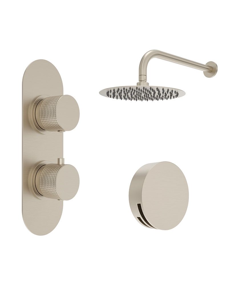 ALITA Knurled Bath Set 4 & Wall Mounted Fixed Head Brushed Nickel ALITA Knurled Bath Set 4 & Wall Mounted Fixed Head Brushed Nickel - Image 1