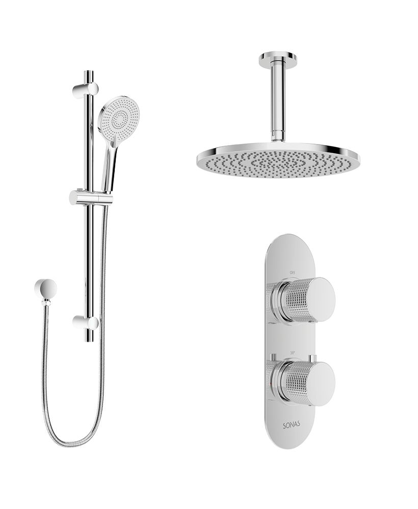 ALITA Knurled Shower Set 1 & Ceiling Mounted Fixed Head Chrome ALITA Knurled Shower Set 1 & Ceiling Mounted Fixed Head Chrome - Image 1