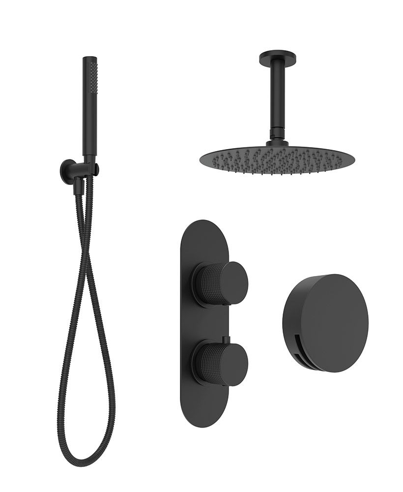 ALITA Knurled Bath Set 3 & Ceiling Mounted Fixed Head Matt Black ALITA Knurled Bath Set 3 & Ceiling Mounted Fixed Head Matt Black - Image 1