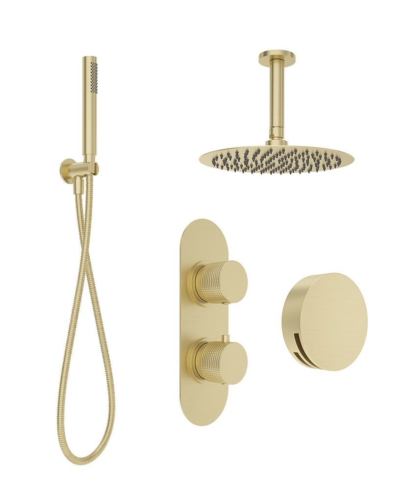 ALITA Knurled Bath Set 3 & Ceiling Mounted Fixed Head Brushed Gold ALITA Knurled Bath Set 3 & Ceiling Mounted Fixed Head Brushed Gold - Image 1