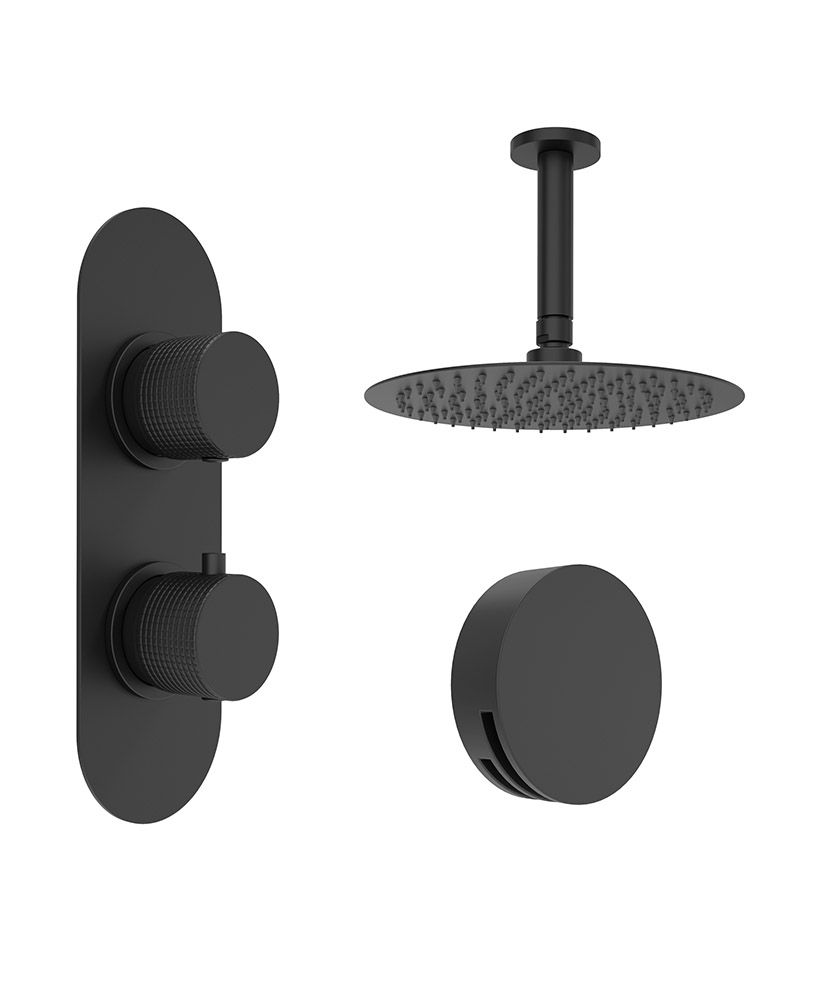 ALITA Knurled Bath Set 4 & Ceiling Mounted Fixed Head Matt Black ALITA Knurled Bath Set 4 & Ceiling Mounted Fixed Head Matt Black - Image 1