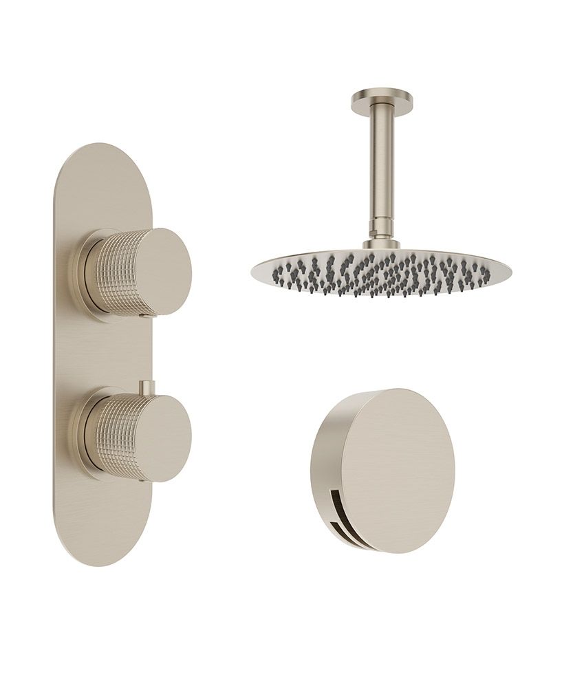 ALITA Knurled Bath Set 4 & Ceiling Mounted Fixed Head Brushed Nickel ALITA Knurled Bath Set 4 & Ceiling Mounted Fixed Head Brushed Nickel - Image 1