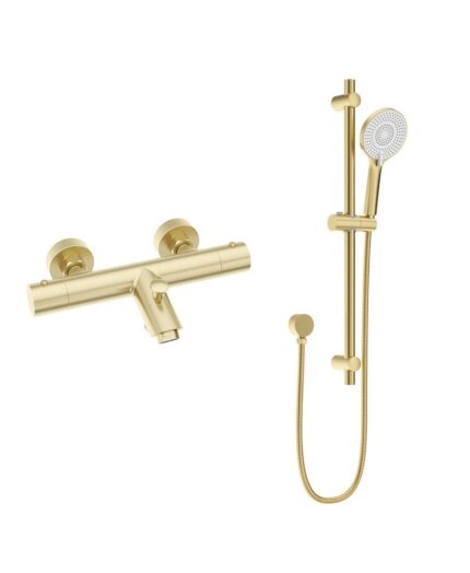 FORM Wall Mounted Thermostatic Bath Shower Mixer& Slide Rail Kit Brushed Gold