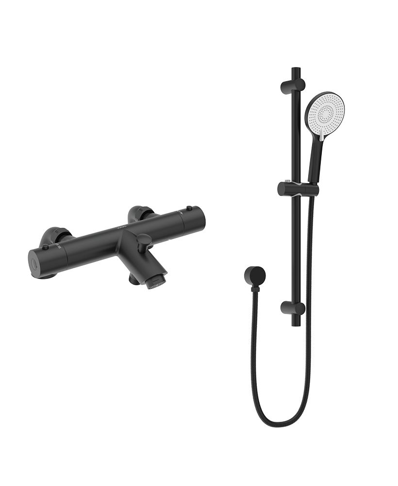 FORM Deck Mounted Thermostatic Bath Shower Mixer & Slide Rail Kit Matt Black FORM Deck Mounted Thermostatic Bath Shower Mixer & Slide Rail Kit Matt Black - Image 1
