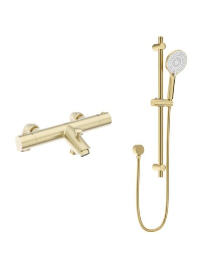 FORM Deck Mounted Thermostatic Bath Shower Mixer& Slide Rail Kit Brushed Gold