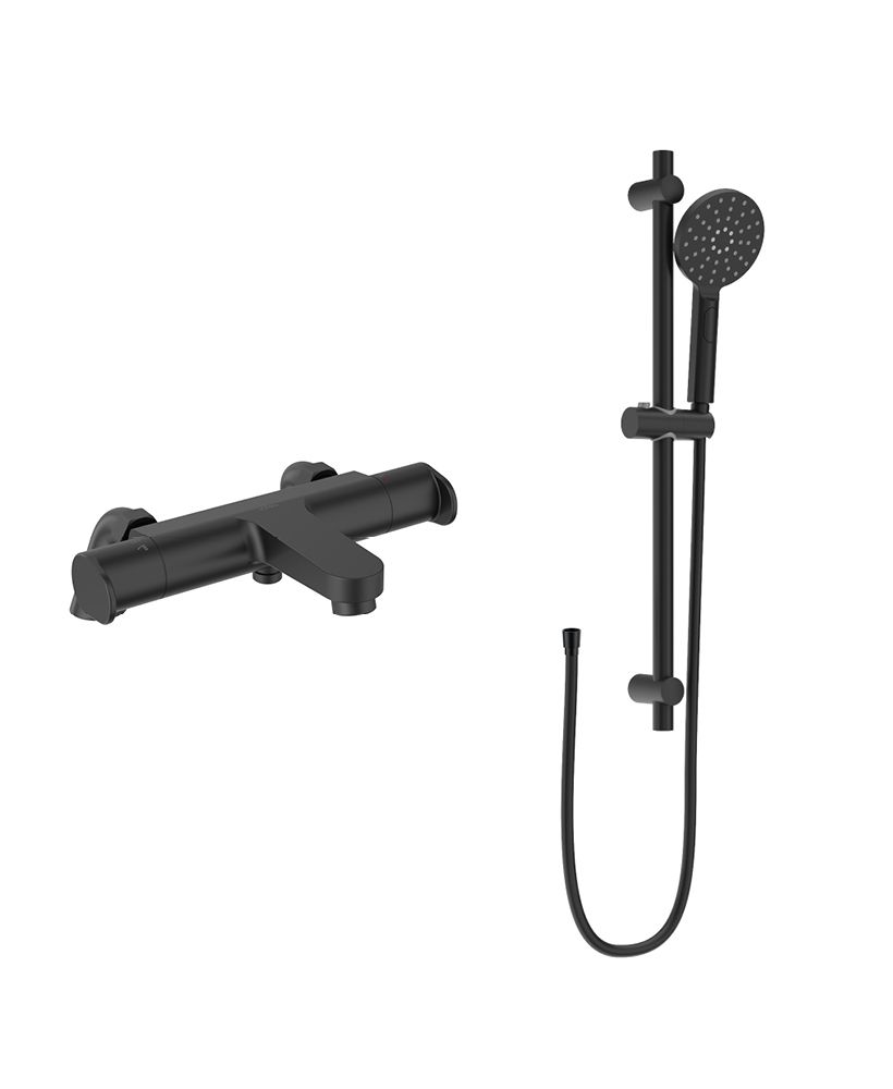 URBAN Deck Mounted Thermostatic Bath Shower Mixer & Slide Rail Kit Matt Black URBAN Deck Mounted Thermostatic Bath Shower Mixer & Slide Rail Kit Matt Black - Image 1