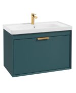 FJORD Wall Hung 80cm Two Drawer Vanity Unit - Brushed Gold, Matt Ocean Blue