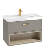 MALMO Wall Hung 80cm Single Drawer Vanity Unit - Gold, Matt Khaki-Gloss Basin