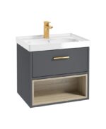 MALMO Wall Hung 60cm Single Drawer Vanity Unit - Gold, Matt Midnight Grey-Gloss Basin
