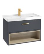 MALMO Wall Hung 80cm Single Drawer Vanity Unit - Gold, Matt Night Sky Blue-Gloss Basin