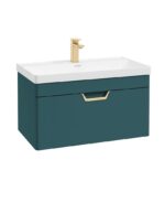 FREYA Wall Hung 80cm Single Drawer Vanity Unit - Gold, Matt Ocean Blue
