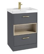 MALMO Floorstanding 60cm Two Drawer Vanity Unit - Gold, Matt Midnight Grey-Gloss Basin