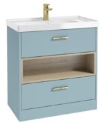 MALMO Floorstanding 80cm Two Drawer Vanity Unit - Gold, Matt Morning Sky Blue-Gloss Basin