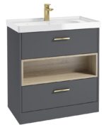 MALMO Floorstanding 80cm Two Drawer Vanity Unit - Gold, Matt Midnight Grey-Gloss Basin